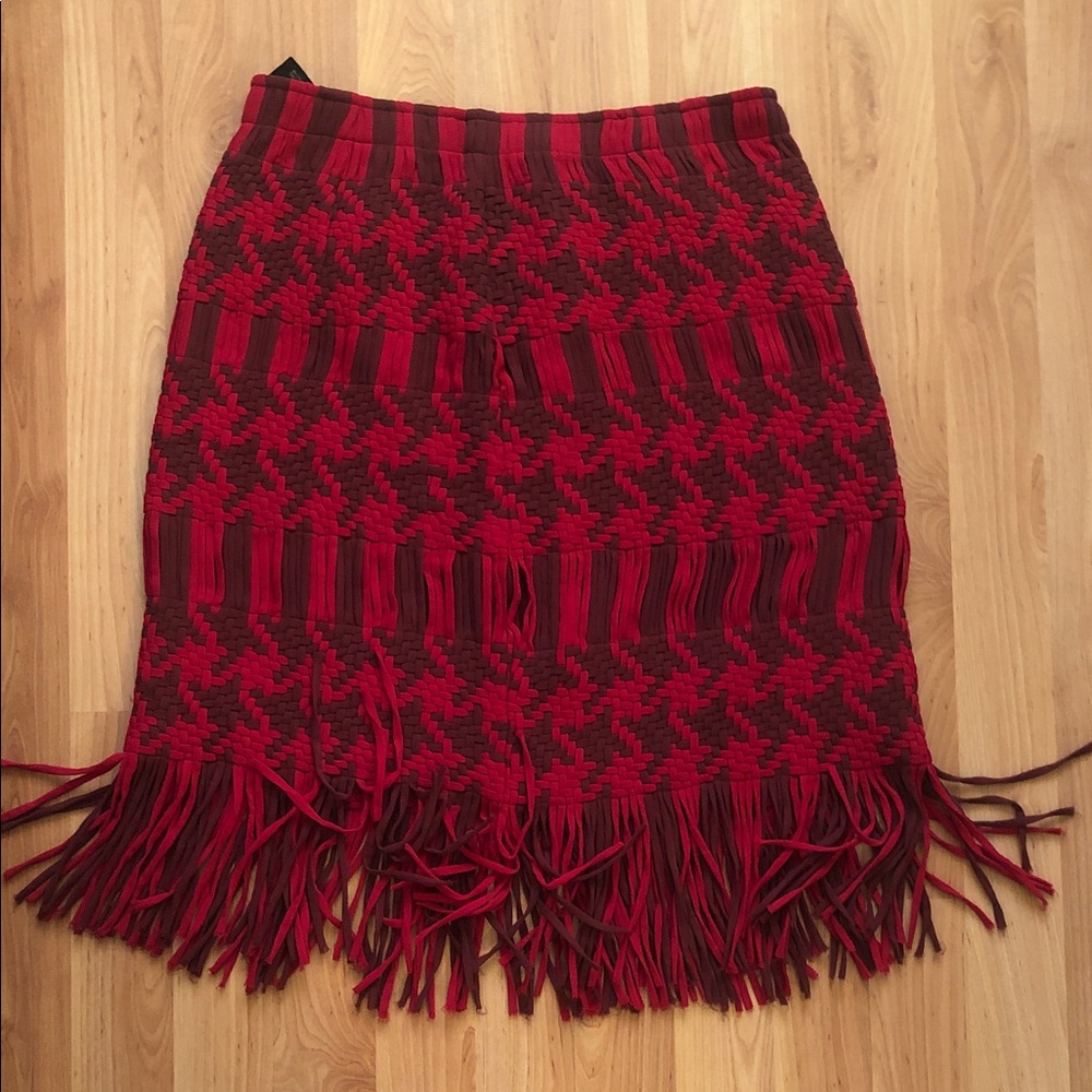 Club Monaco Red and Black Fringed Midi Skirt size 8